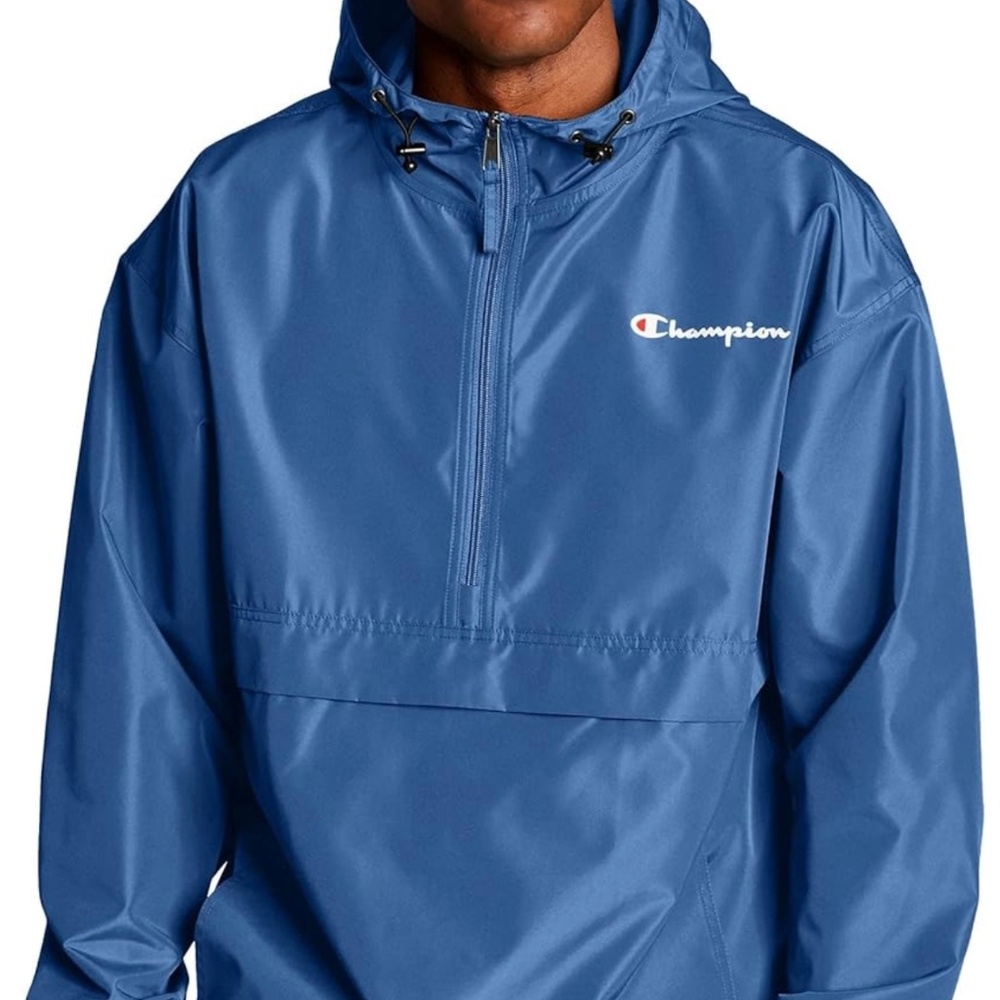 Champion Packable Wind and Water Resistant  Blue Half Zip Hooded Jacket Sz M